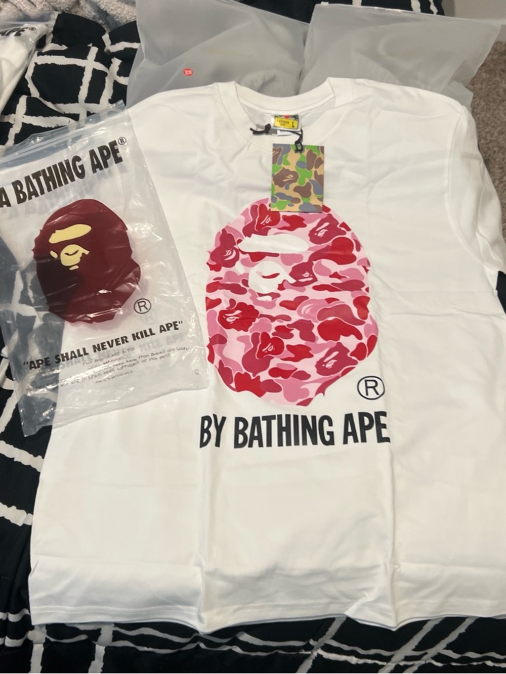 Bape White T-Shirt with Pink & Red Camo Ape Head